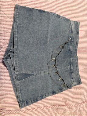 Moschino Light Blue Denim Skort with Logo Chain